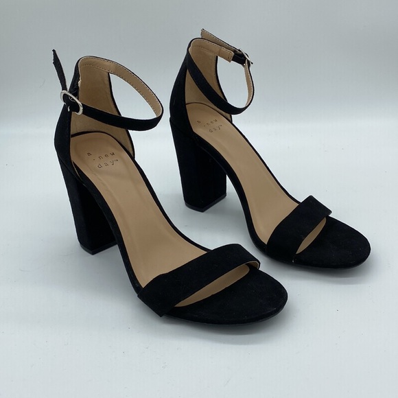 a new day Shoes - New A New Day Faux Suede Black Block Heels Ankle Strap Womens Size 7